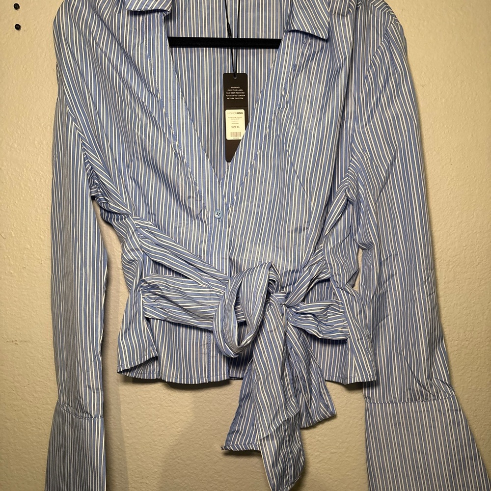 Fashion Nova Blue and White Striped Blouse